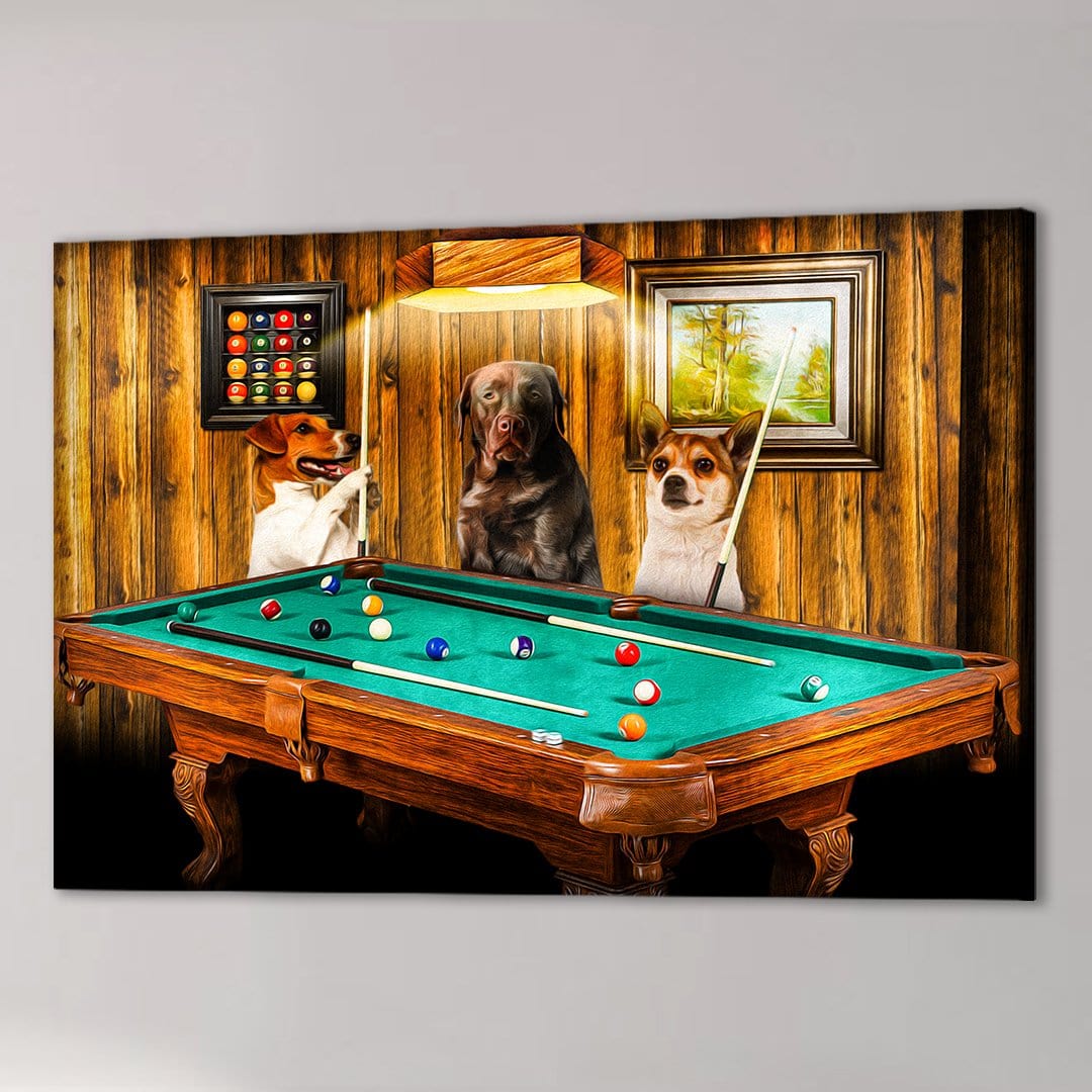 Personalized 3-pet canvas featuring dogs playing pool on a green felt table in a rustic room.