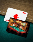 Personalized playing cards featuring three pets playing pool in a custom renaissance portrait style.