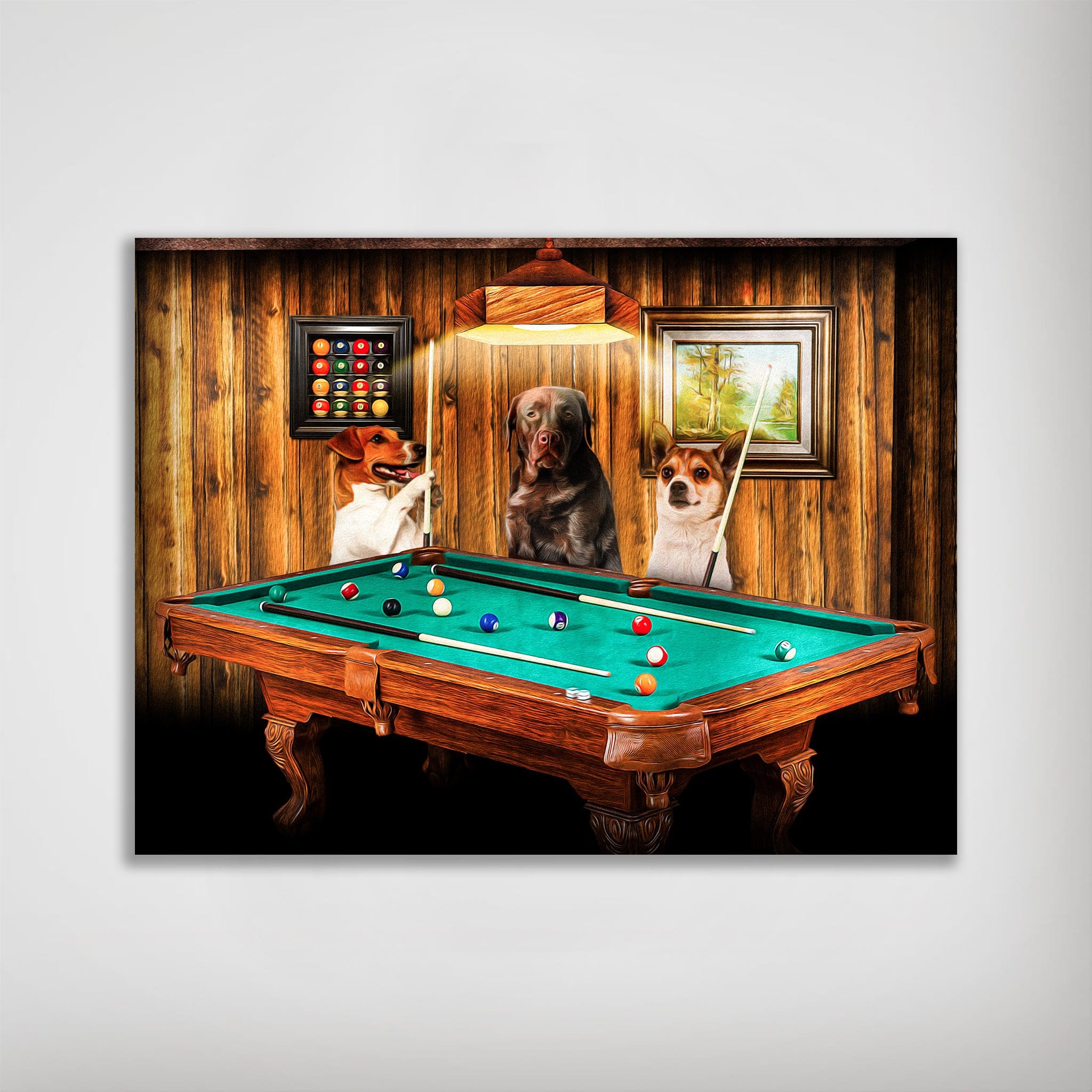 Personalized matte poster featuring three pets playing pool in a rustic, wood-paneled room.