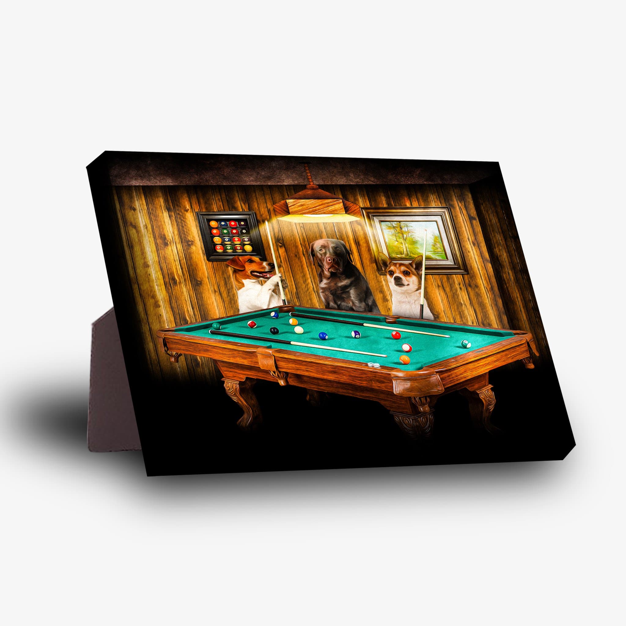 Personalized 3-pet standing canvas featuring dogs playing pool on a wooden table with a green felt surface.