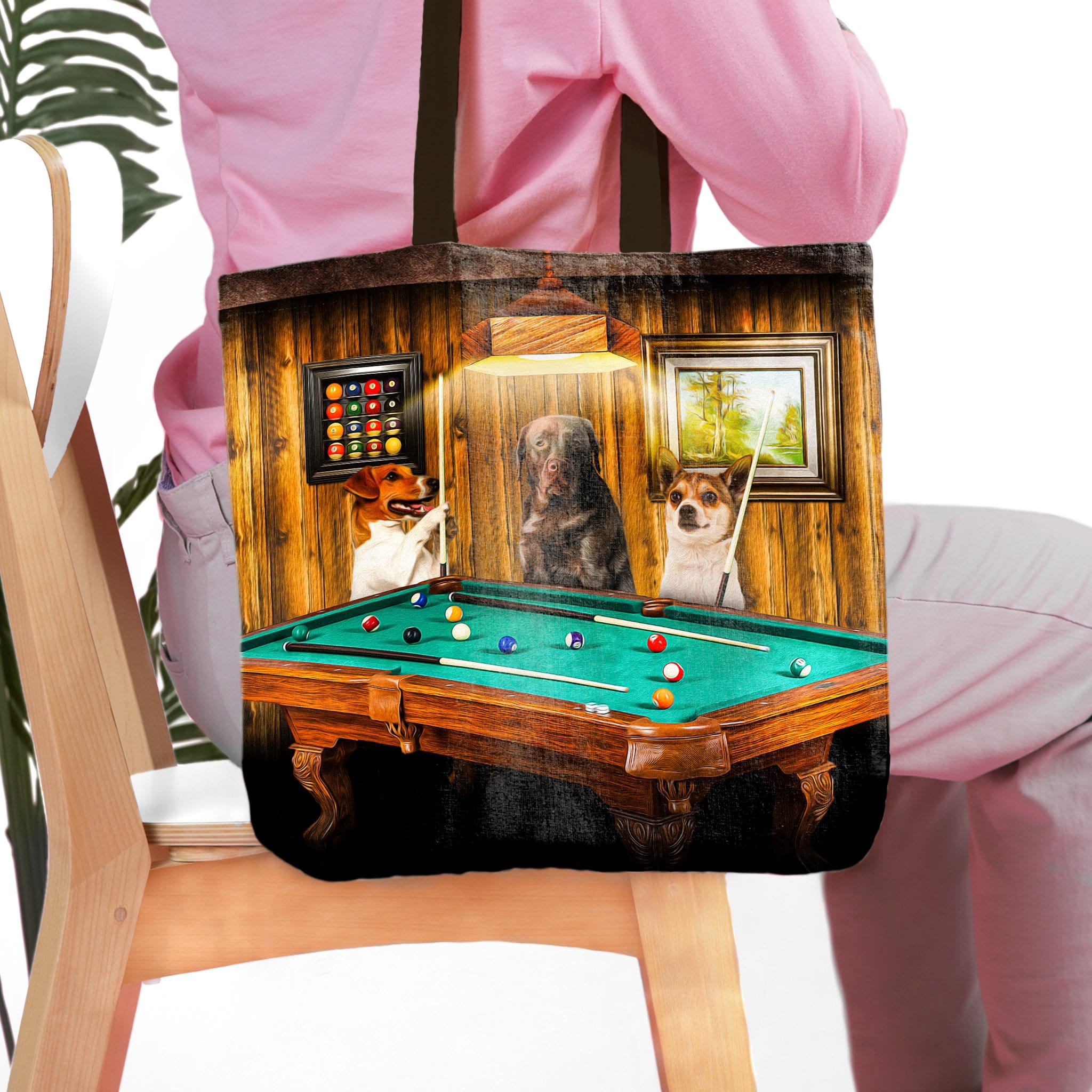 Personalized 3-pet tote bag with dogs playing pool in a wood-paneled room.