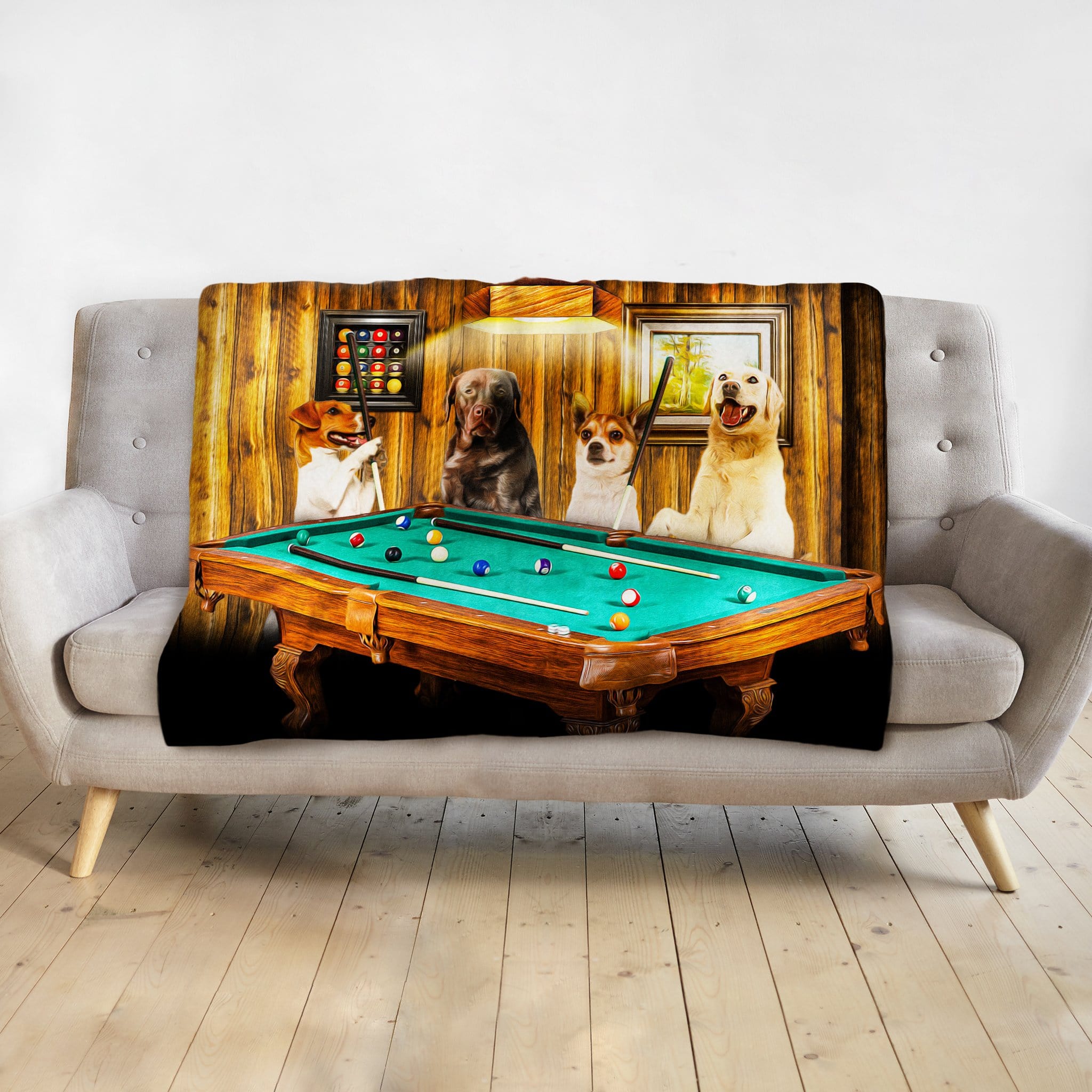 Personalized 4-pet blanket featuring dogs playing pool in a custom renaissance-style portrait.