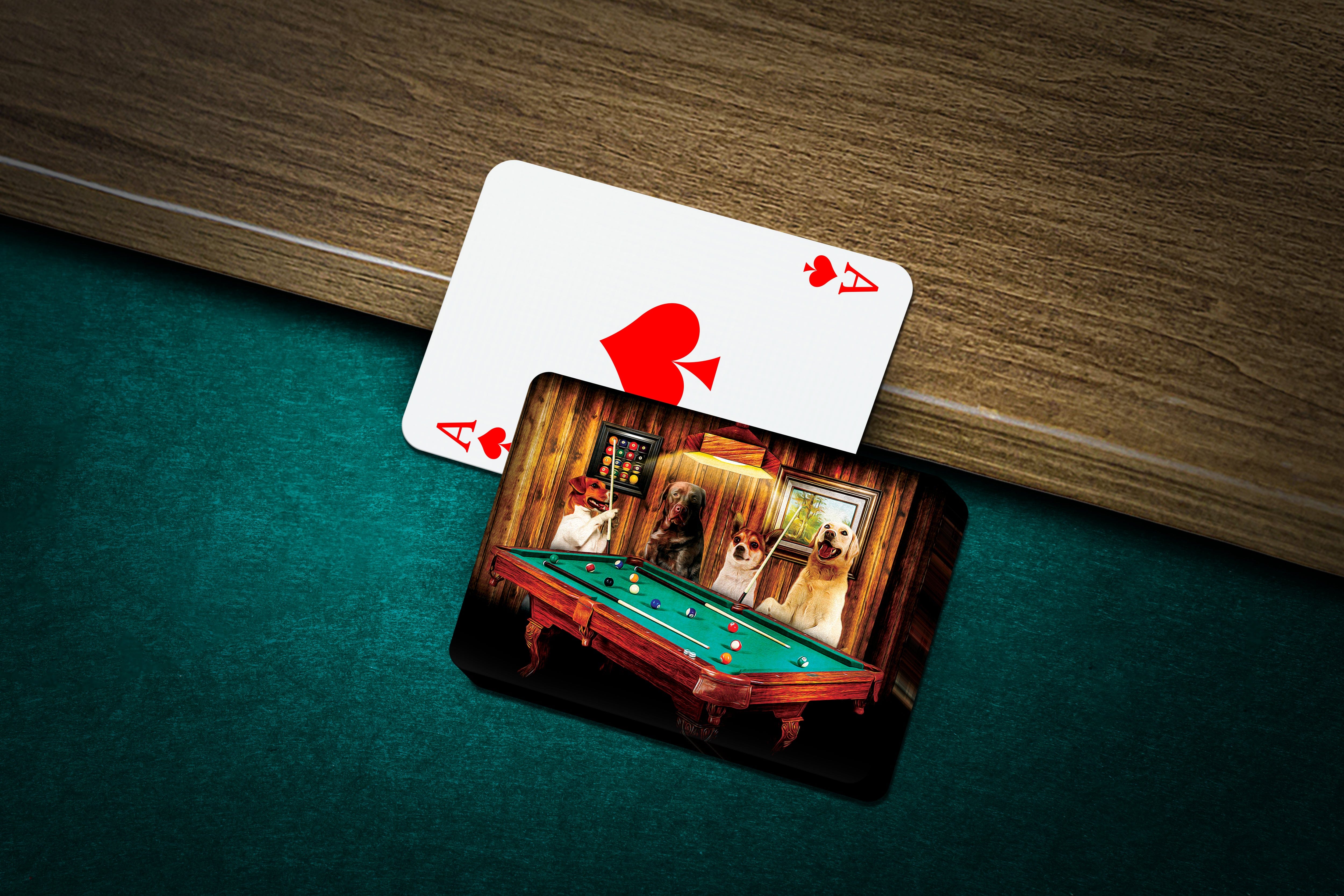 Personalized playing cards featuring four pets as pool players in a custom renaissance-style portrait.