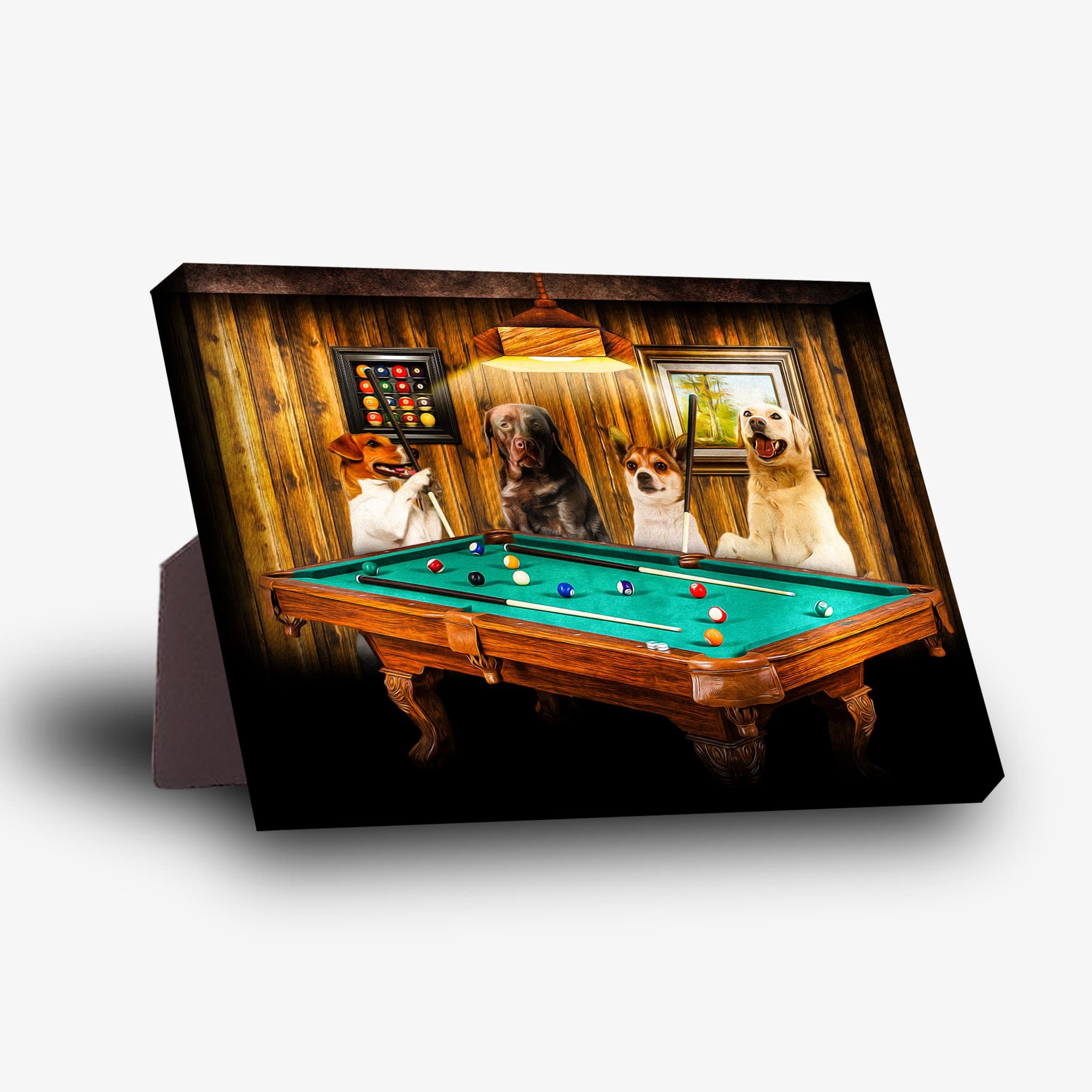 Personalized 4-pet standing canvas art featuring dogs playing pool on a green table under a warm light.
