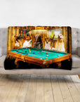 Custom personalized blanket featuring five dogs playing pool in a renaissance-style portrait.