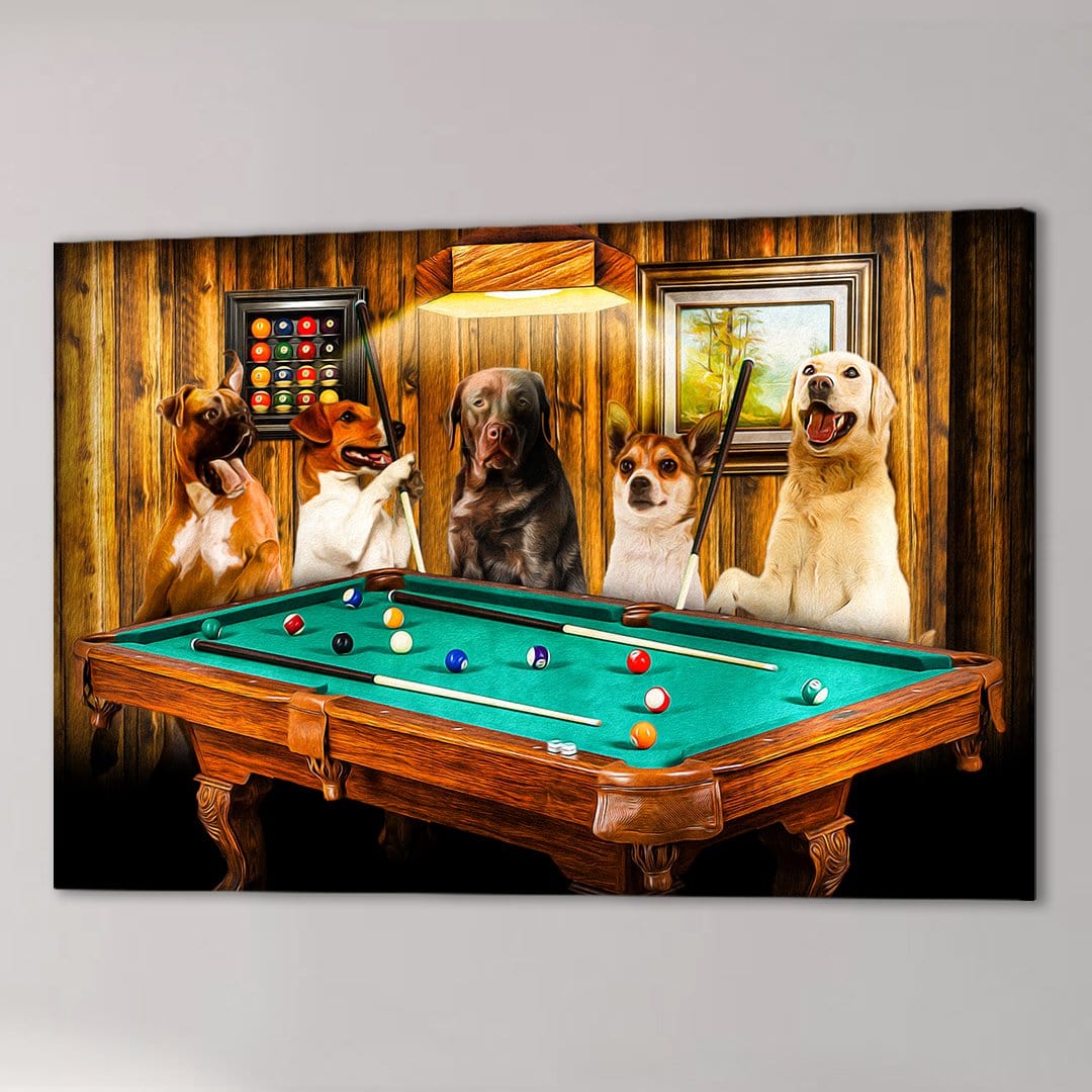 Personalized canvas featuring five dogs playing pool on a green felt table in a rustic wooden room.