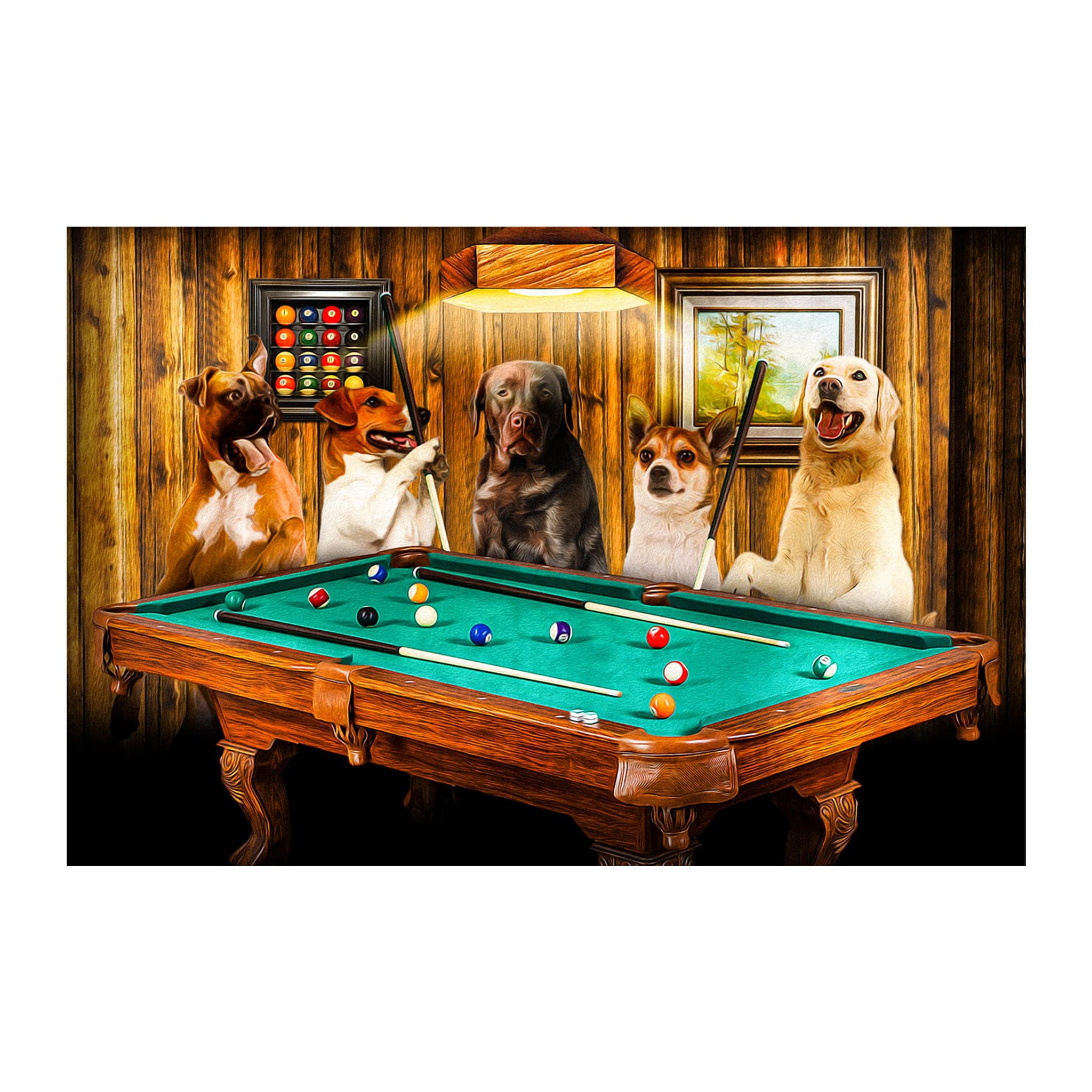 Personalized digital portrait of five pets playing pool in a rustic bar setting.