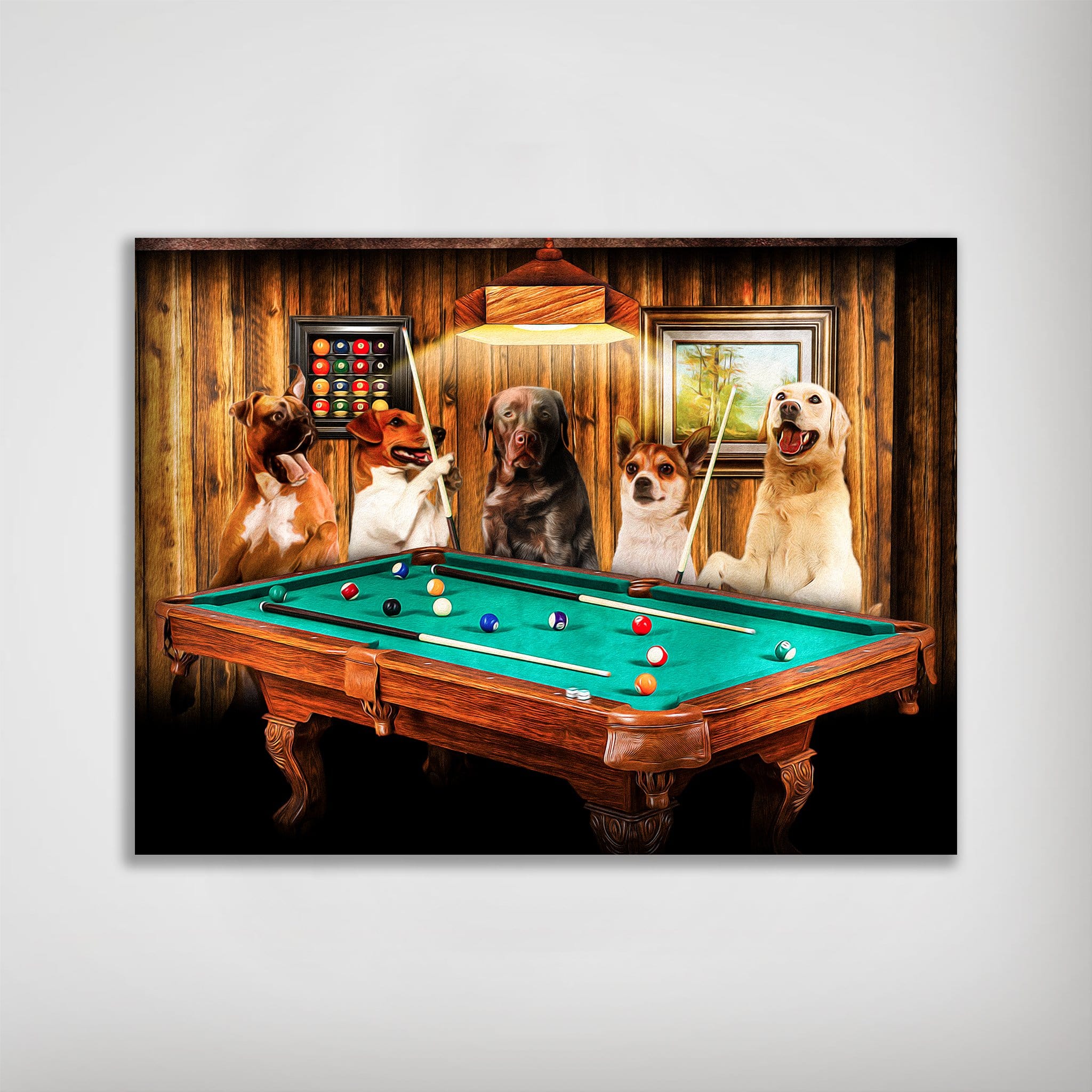 Personalized "Pool Players" poster featuring five dogs playing billiards on a green table with a wooden background.
