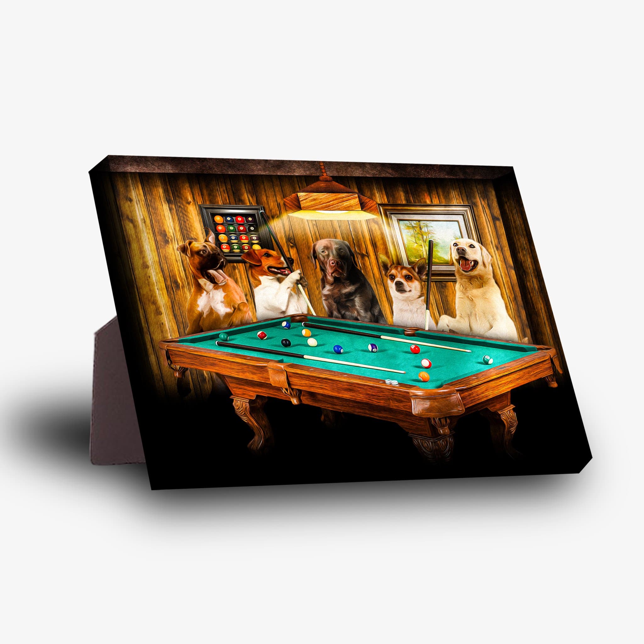 Personalized 5-pet standing canvas featuring dogs playing pool on a wooden table.
