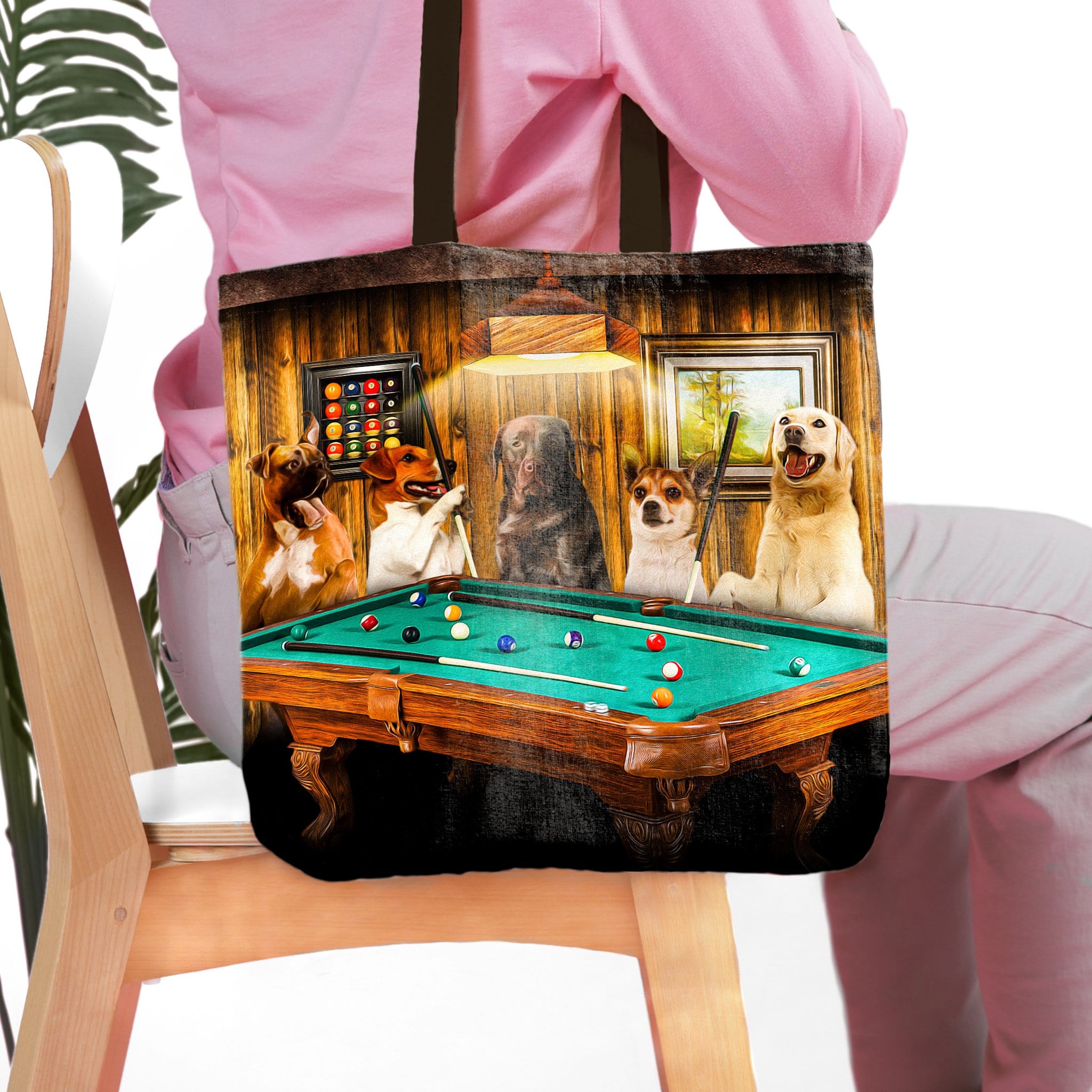 Personalized 5-pet tote bag with dogs playing pool in a renaissance portrait style.