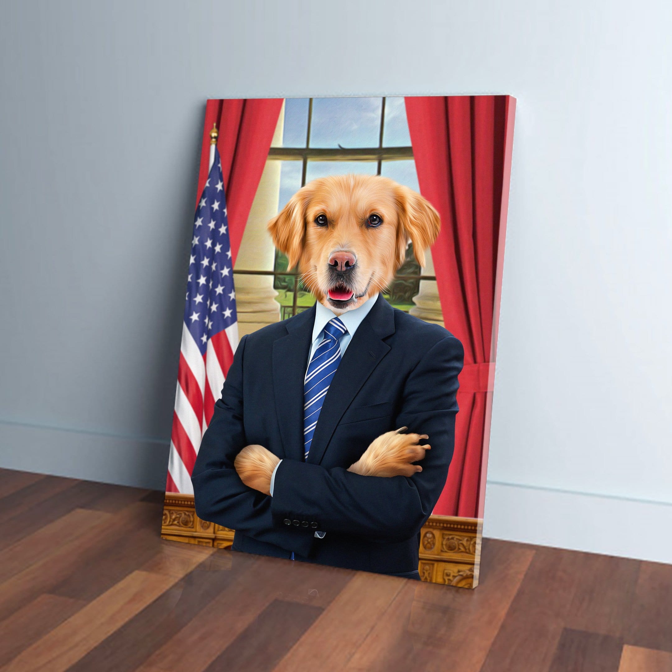Custom 'President' pet canvas featuring a golden retriever in a suit, against a White House backdrop.