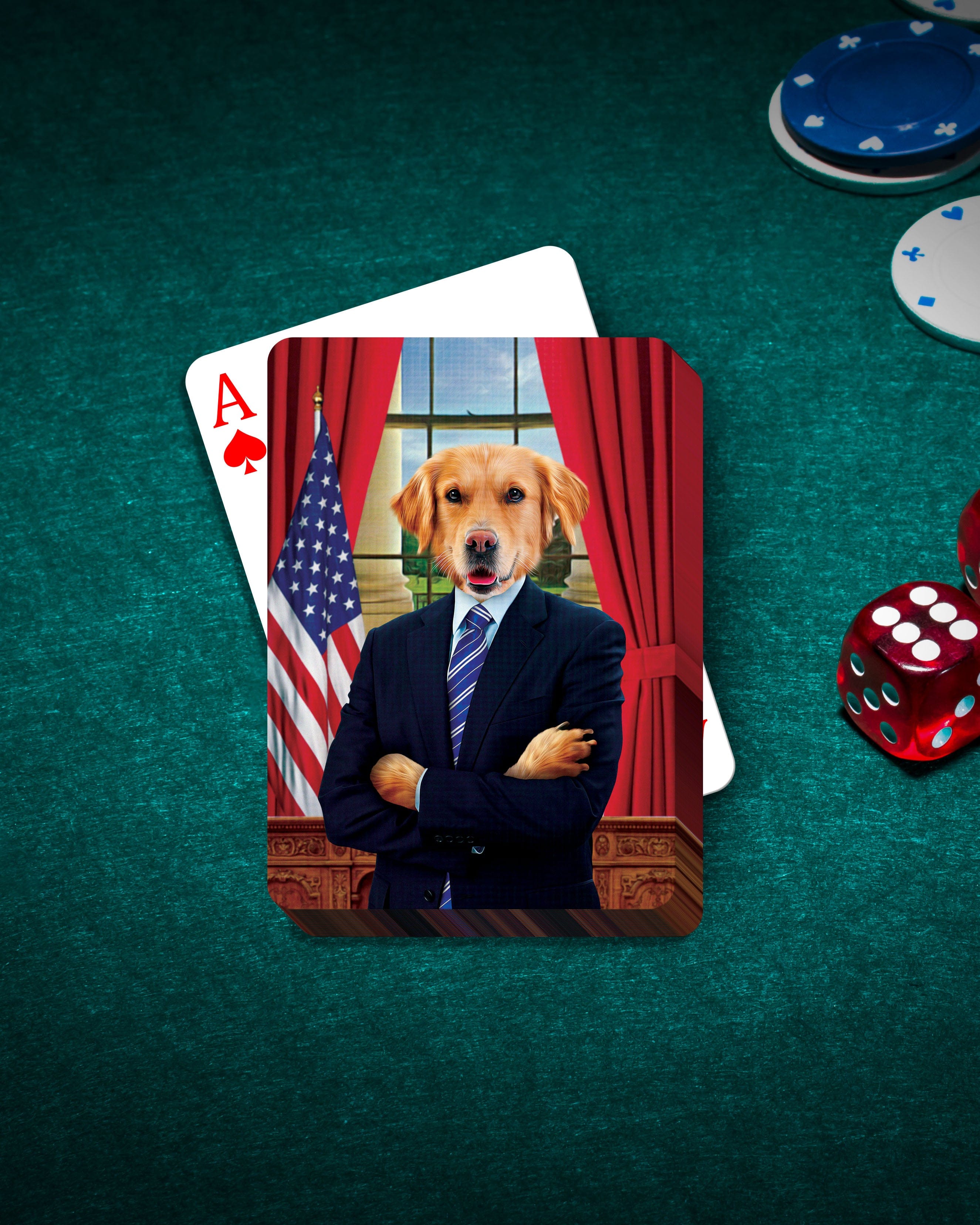 Personalized playing card featuring a golden retriever in a presidential suit against a White House backdrop.