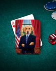 Personalized playing card featuring a golden retriever in a presidential suit against a White House backdrop.
