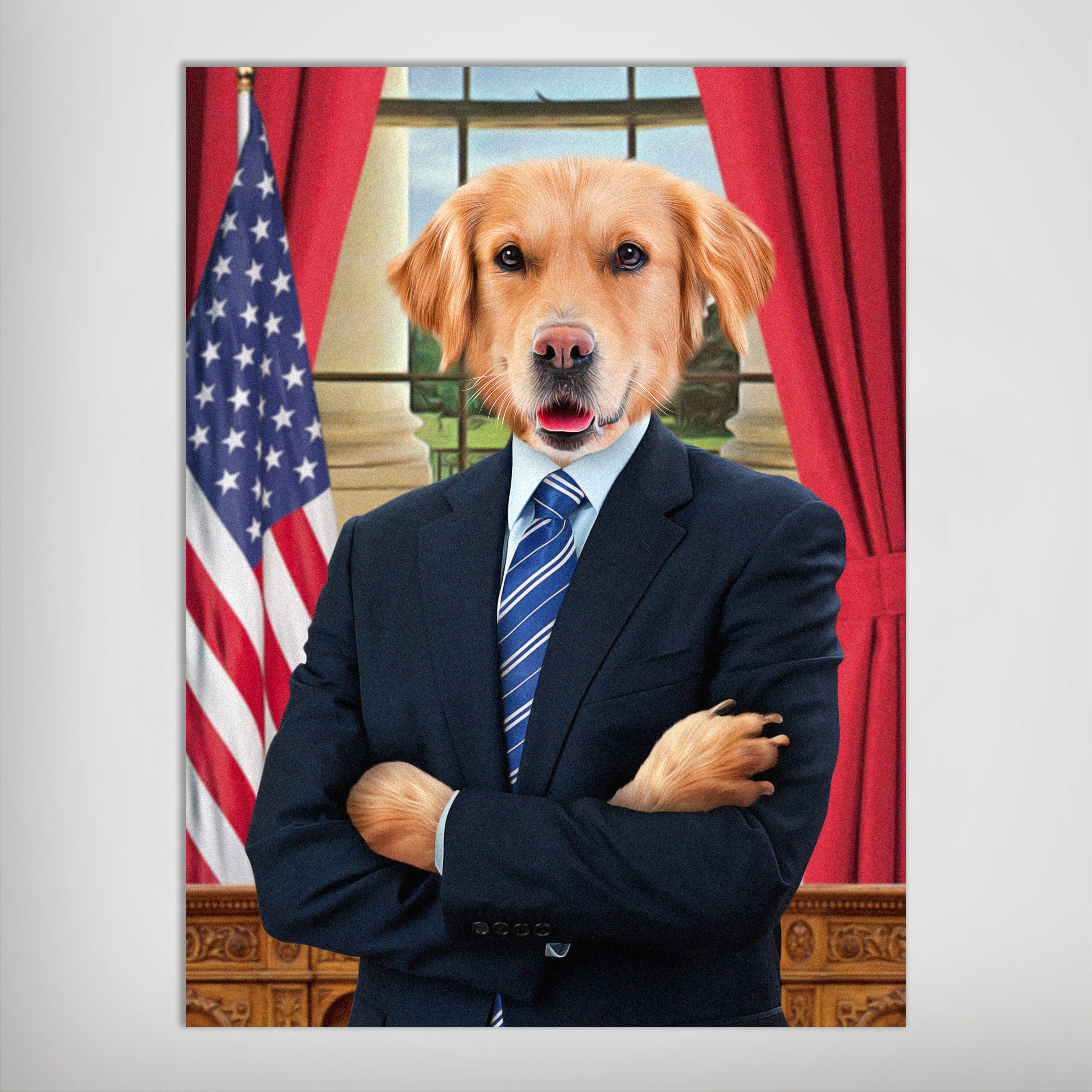 Personalized pet poster featuring a golden retriever in a suit, standing in front of an American flag and red curtains.