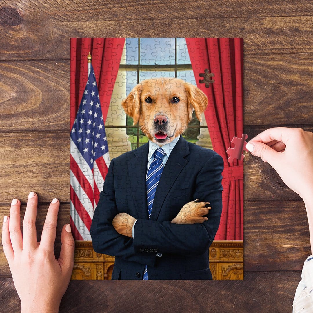 Personalized pet puzzle featuring a golden retriever in a suit, with an American flag and red curtains.