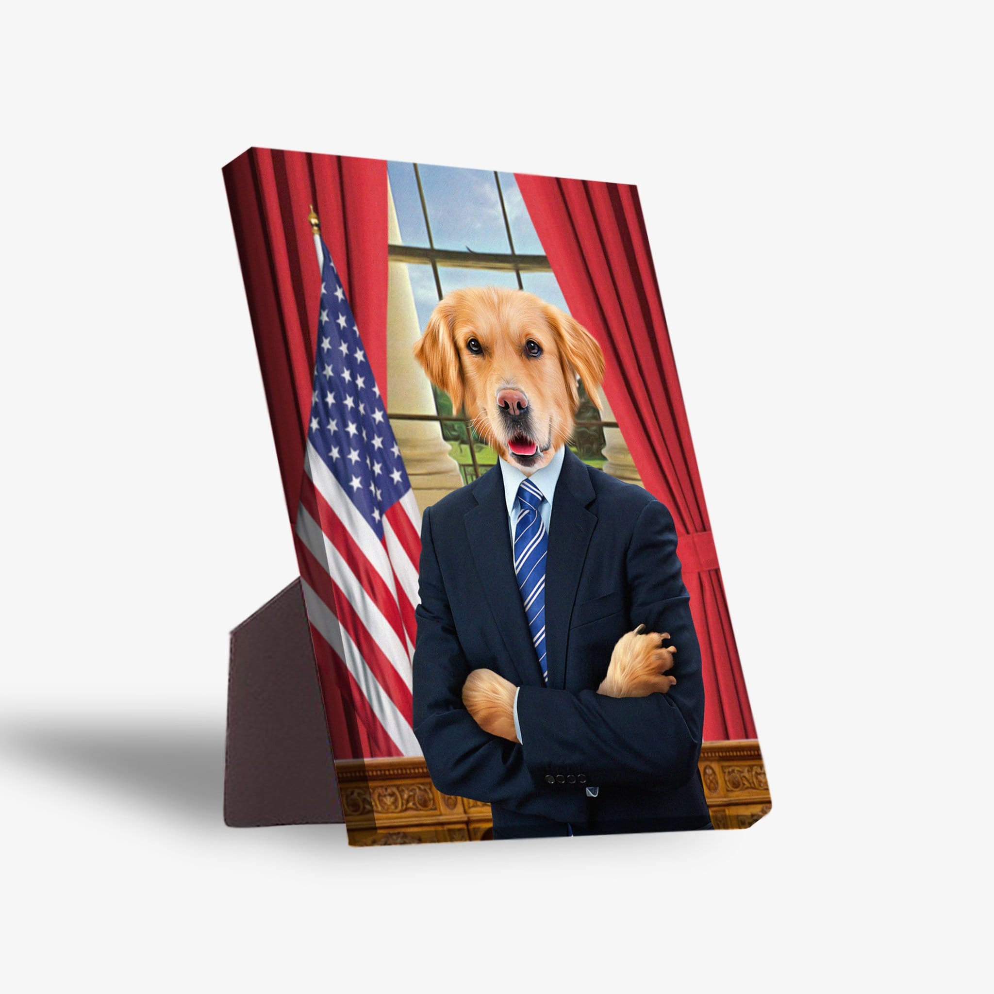 Personalized pet standing canvas featuring a golden retriever in a suit, with an American flag and red curtains.