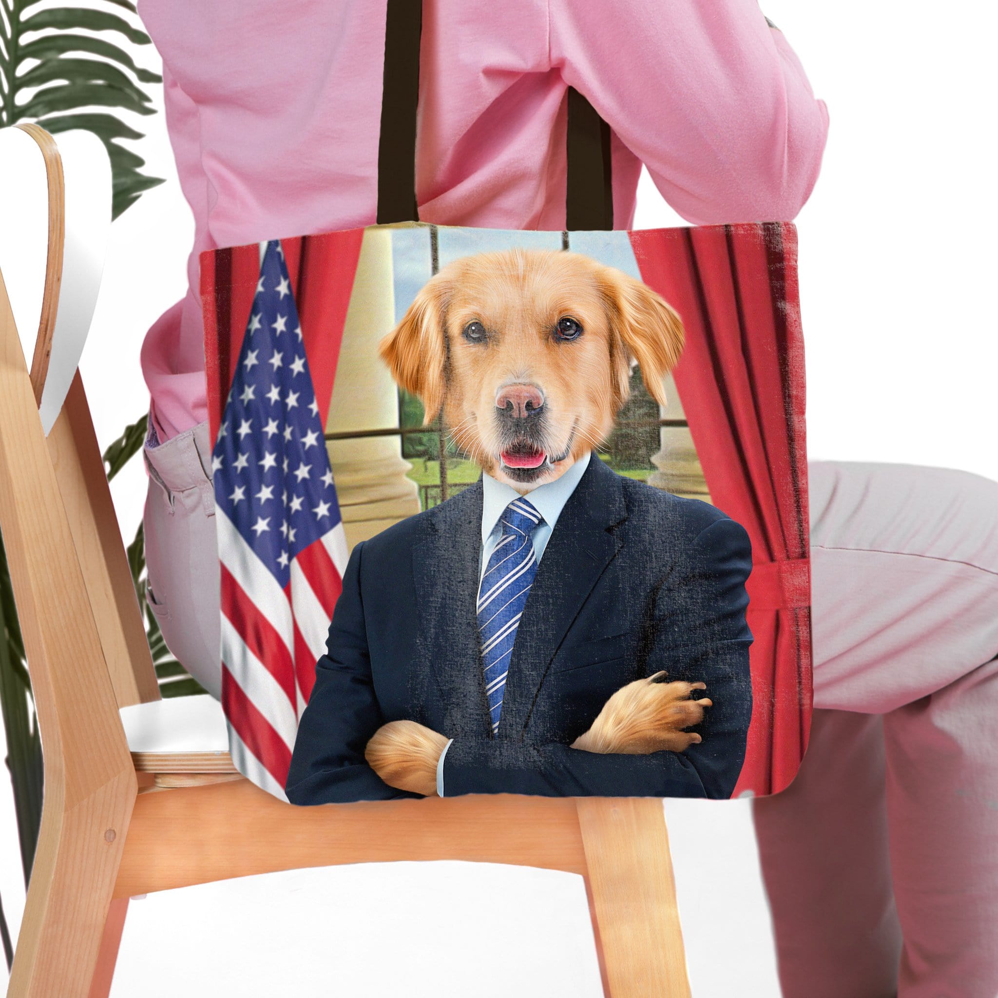 Personalized 'The President' tote bag with a golden retriever pet portrait in a suit, US flag, and red curtains.