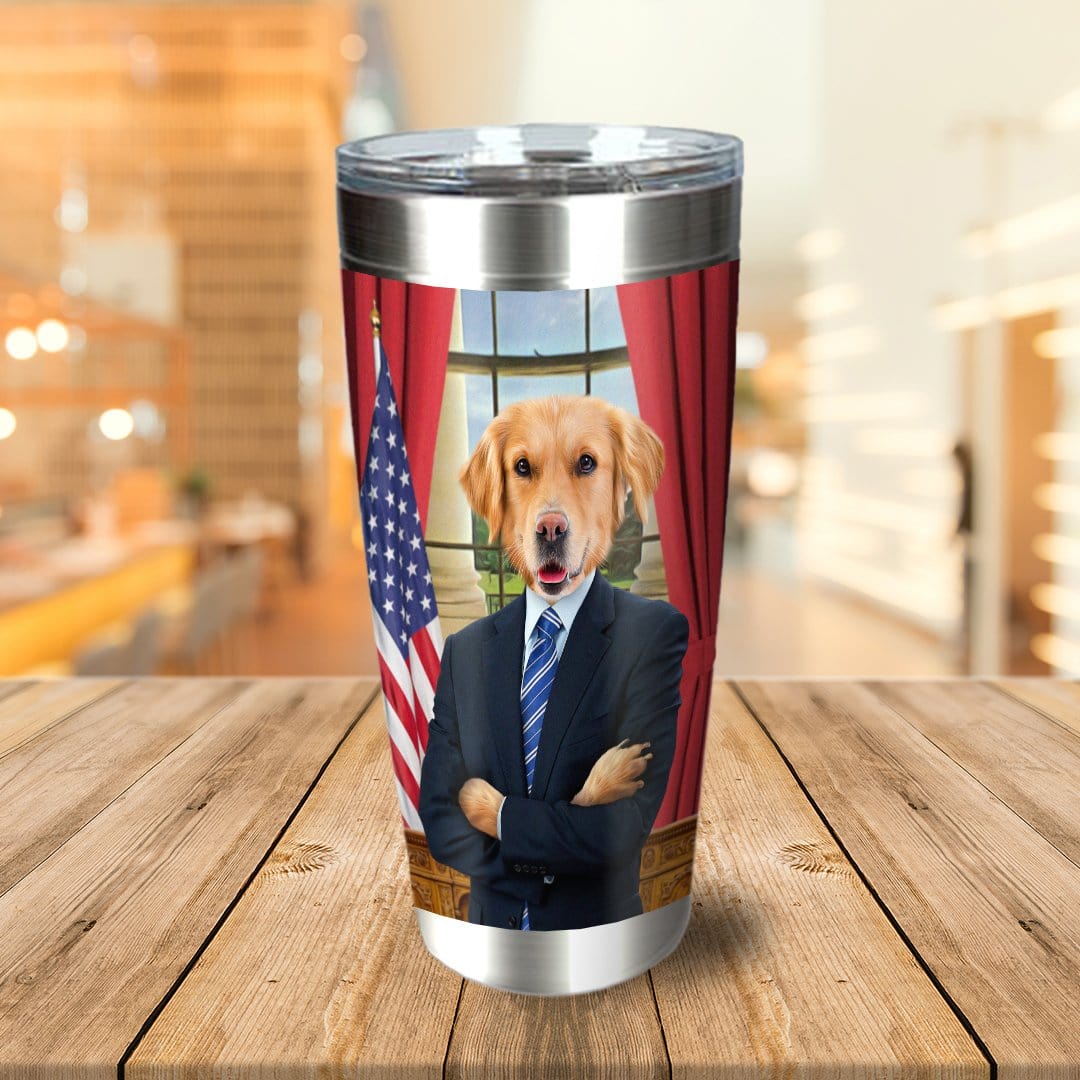 Personalized stainless steel tumbler with a golden retriever pet portrait in a suit, standing before an American flag.