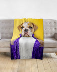 Personalized pet blanket with a Doggovinci portrait of a bulldog in a purple royal outfit on a yellow background.