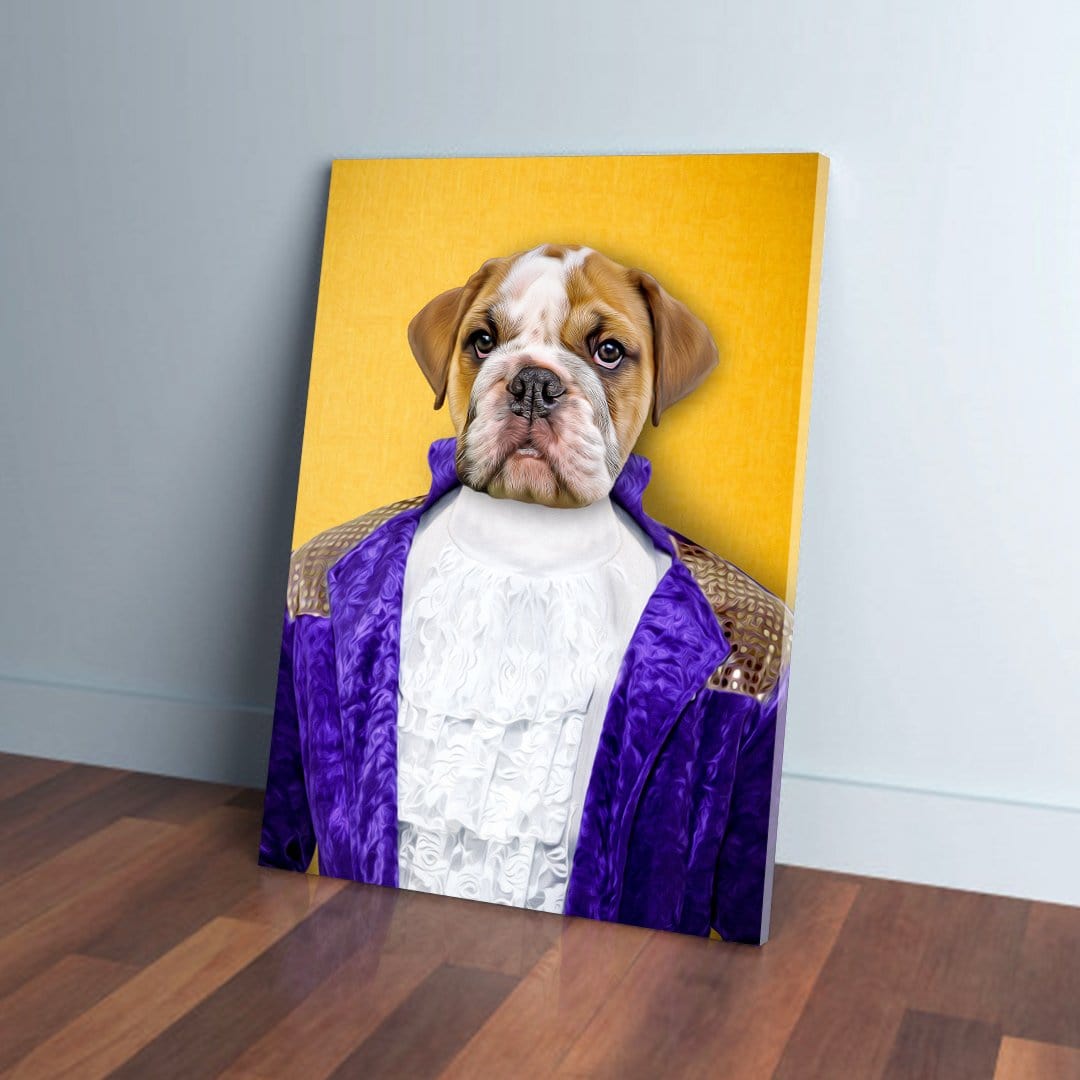 Personalized 'Prince-Doggo' pet canvas featuring a bulldog in a purple jacket and ruffled shirt on a yellow background.