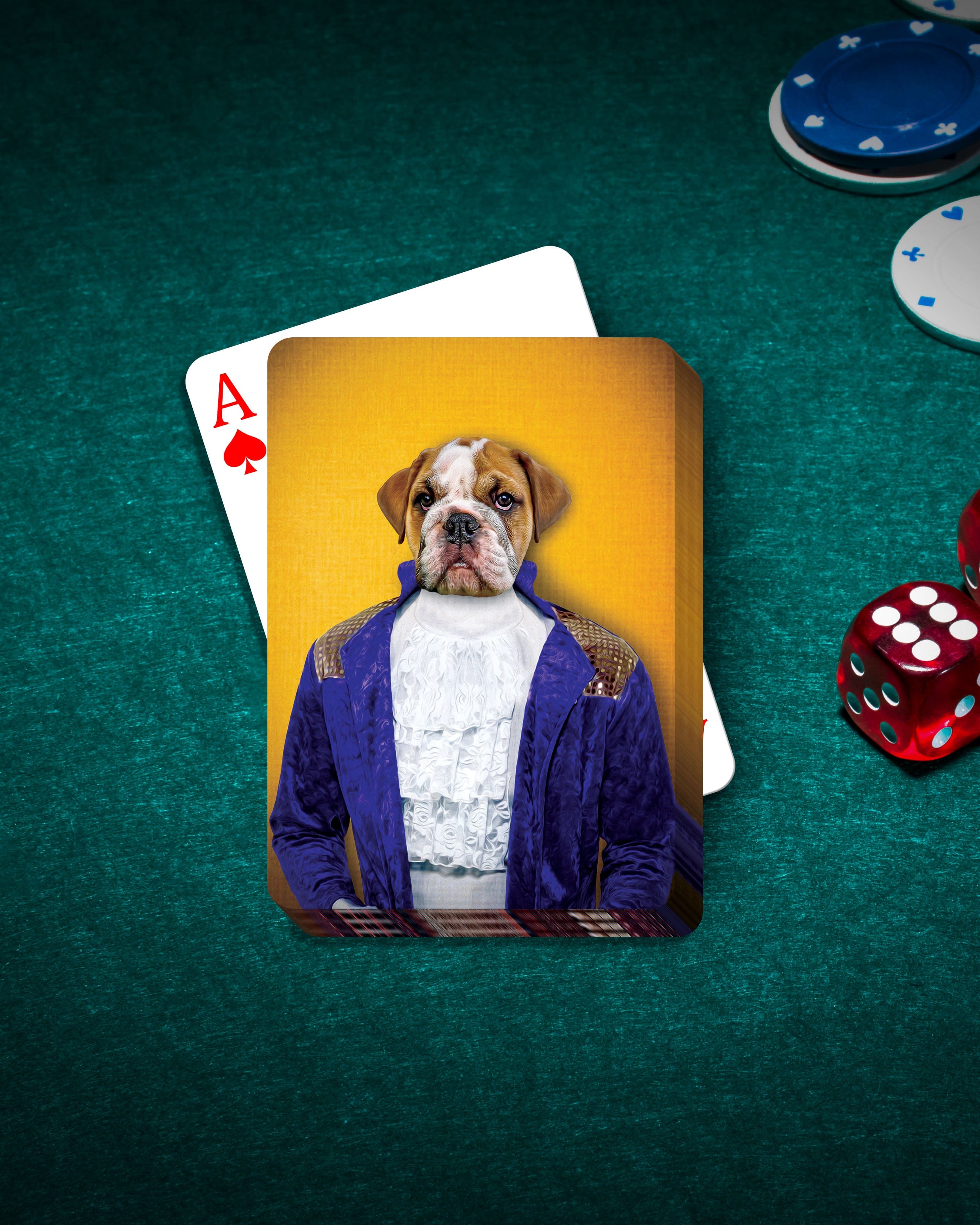 Personalized playing card featuring a bulldog in a royal blue renaissance-style suit on a green poker table.