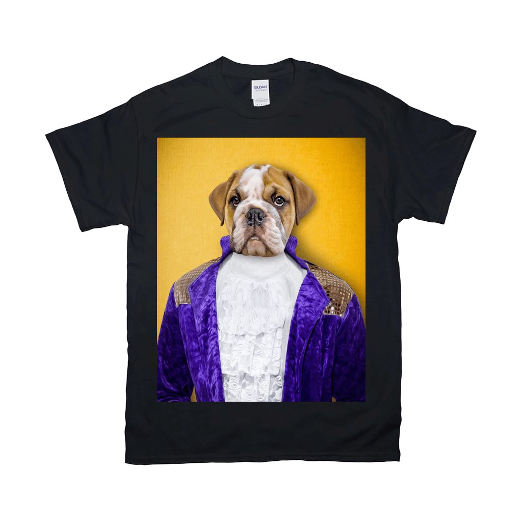 Black Gildan t-shirt featuring a personalized bulldog portrait in a purple velvet jacket and white ruffled shirt.
