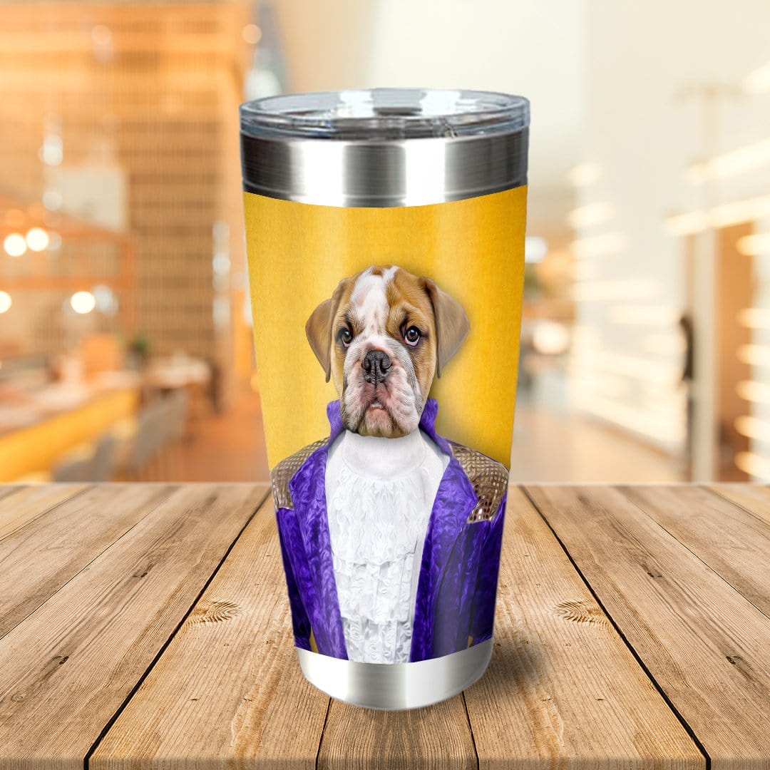 Personalized stainless steel tumbler with a royal portrait of a bulldog in a purple jacket.