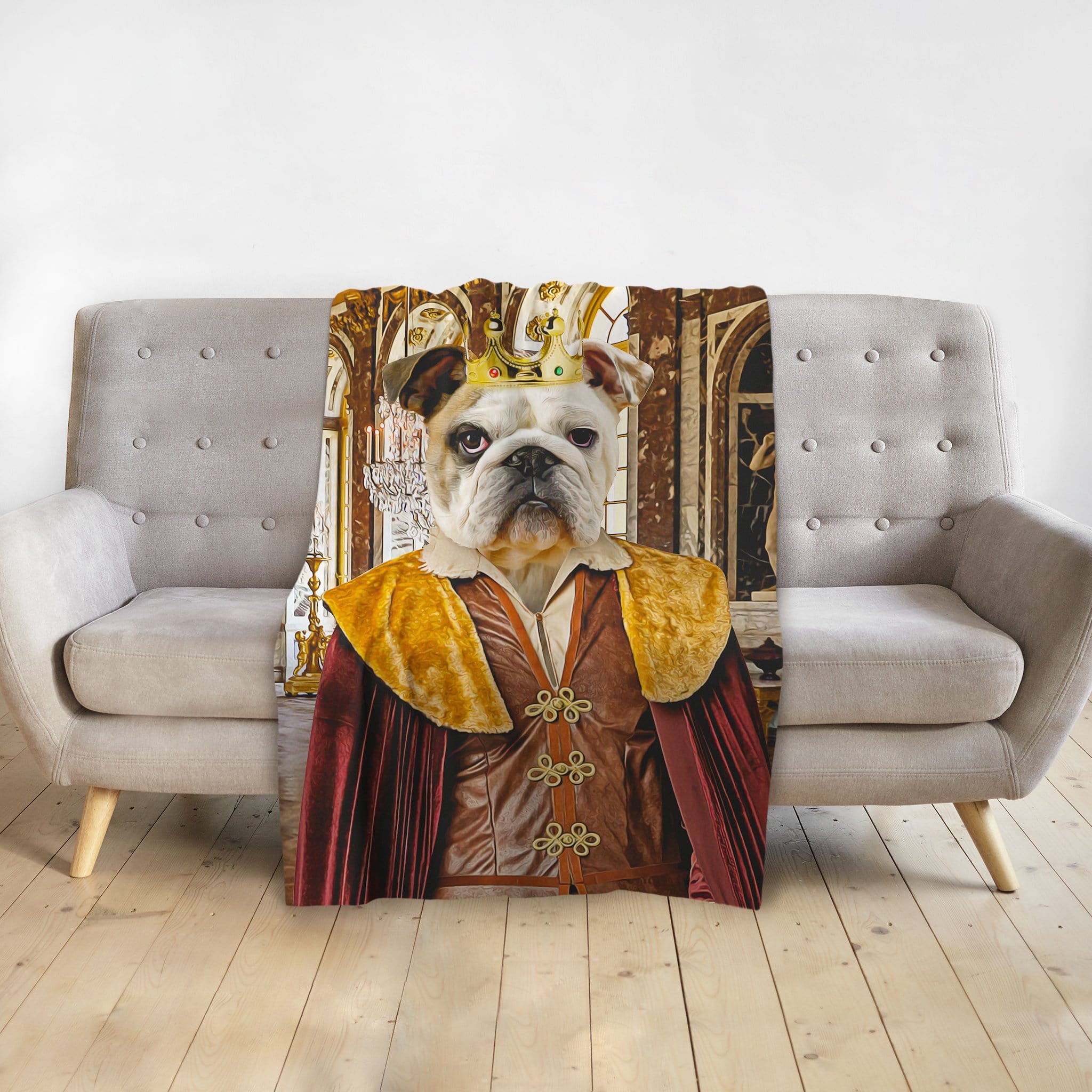 Personalized pet blanket with a bulldog in a royal renaissance portrait.