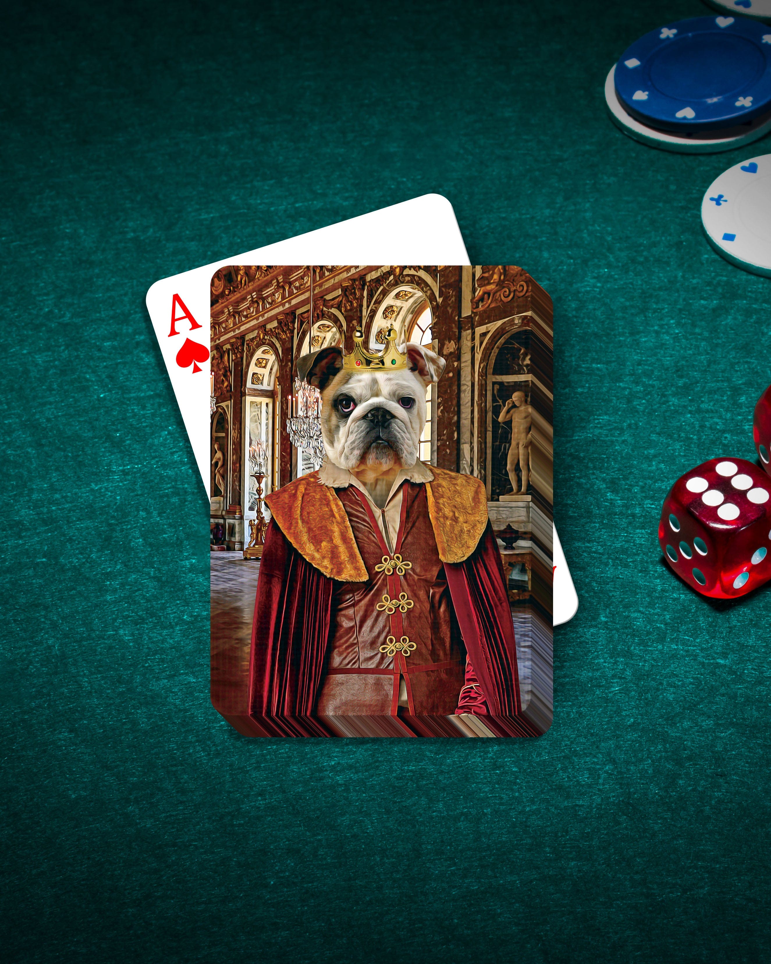 Personalized pet playing card with a bulldog in a royal "Prince" renaissance portrait.