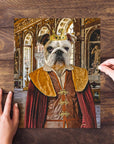 Personalized royal renaissance bulldog pet portrait puzzle on a wooden table.