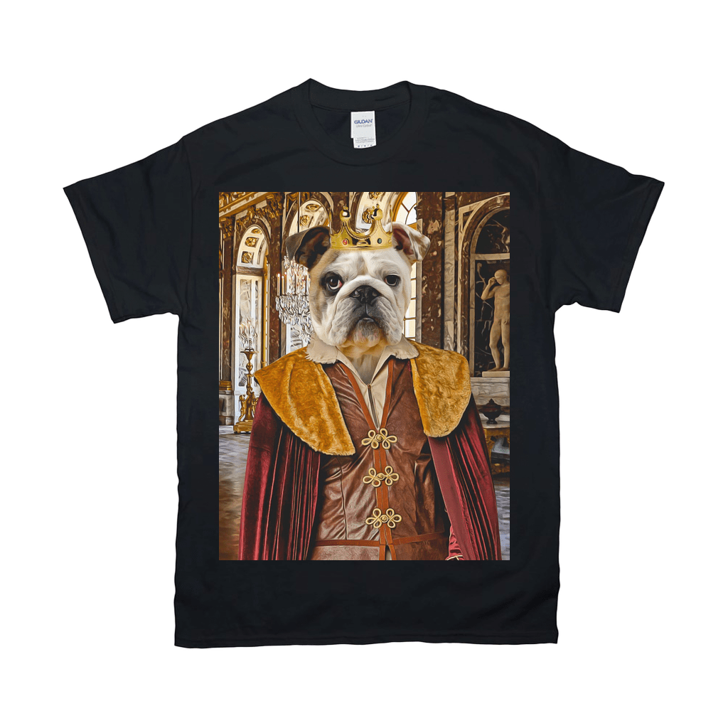 Black Gildan t-shirt featuring a bulldog in a royal "Prince" costume with a crown, against a palace backdrop.