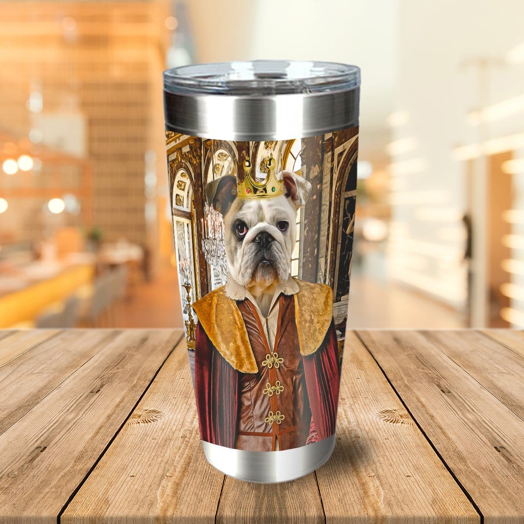 Personalized stainless steel tumbler with a royal renaissance portrait of a bulldog wearing a crown.