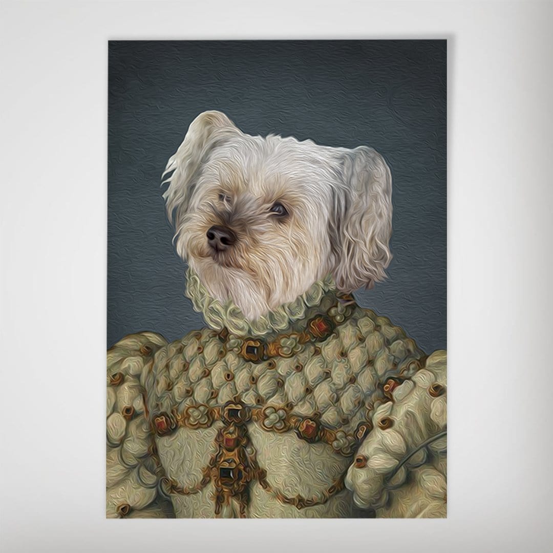 Personalized dog poster featuring a white Maltese in a Renaissance-style princess gown against a dark background.
