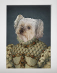 Personalized dog poster featuring a white Maltese in a Renaissance-style princess gown against a dark background.