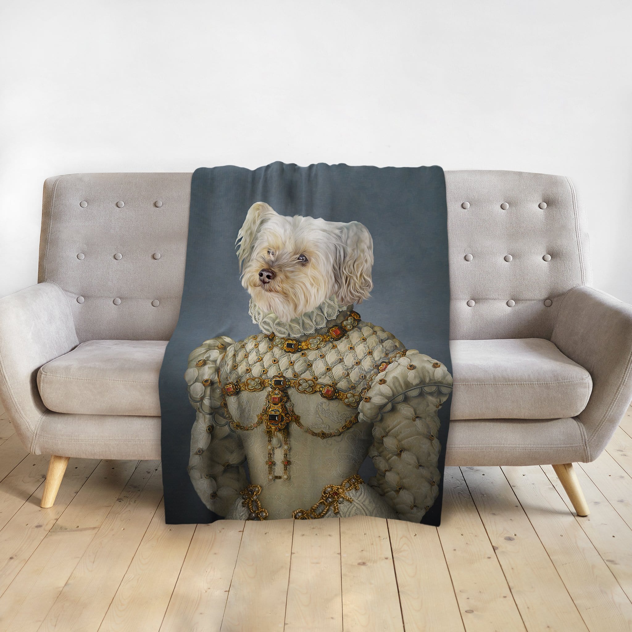 Personalized pet blanket featuring a white dog in a royal renaissance princess portrait.