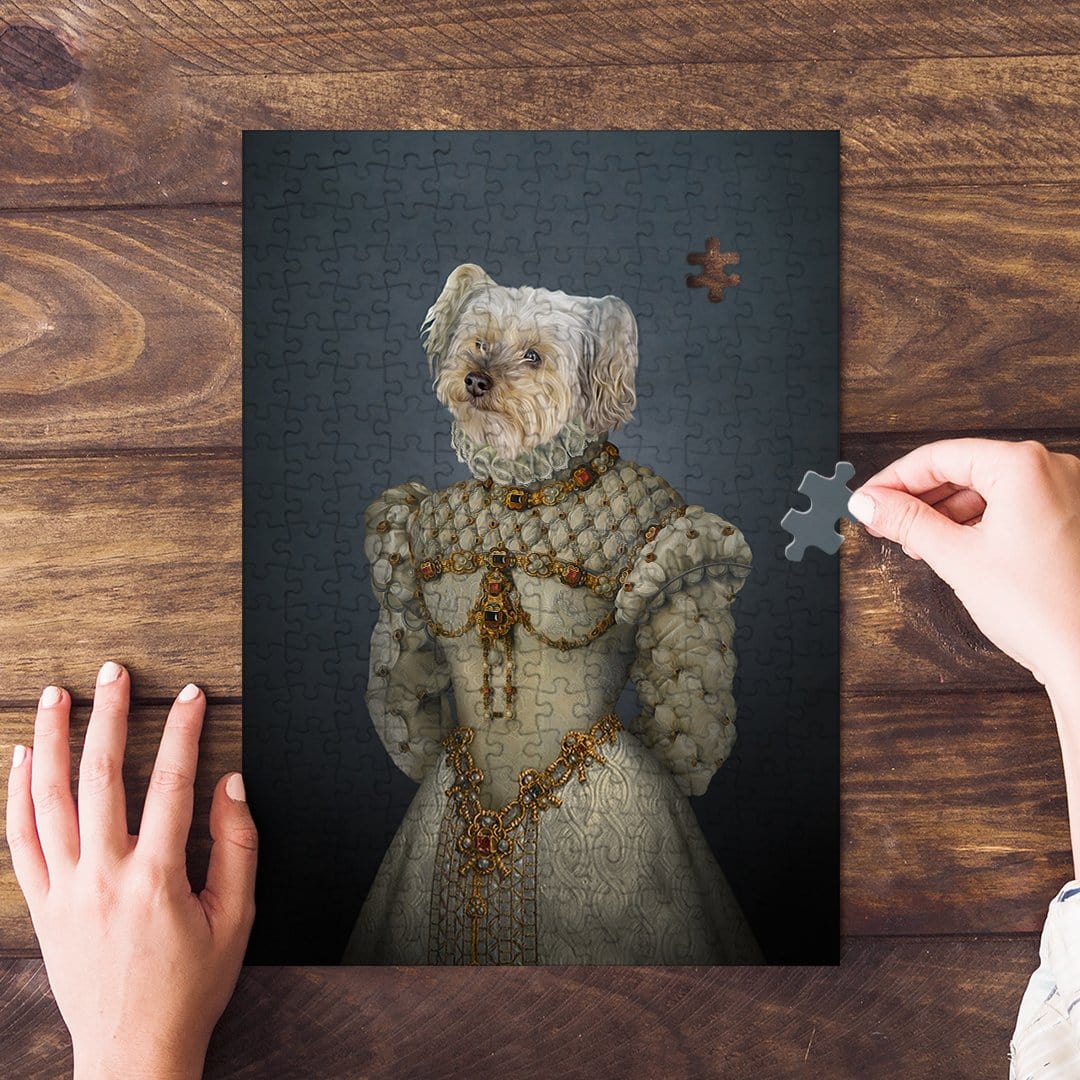 Personalized pet puzzle featuring a white dog in a royal renaissance princess portrait.