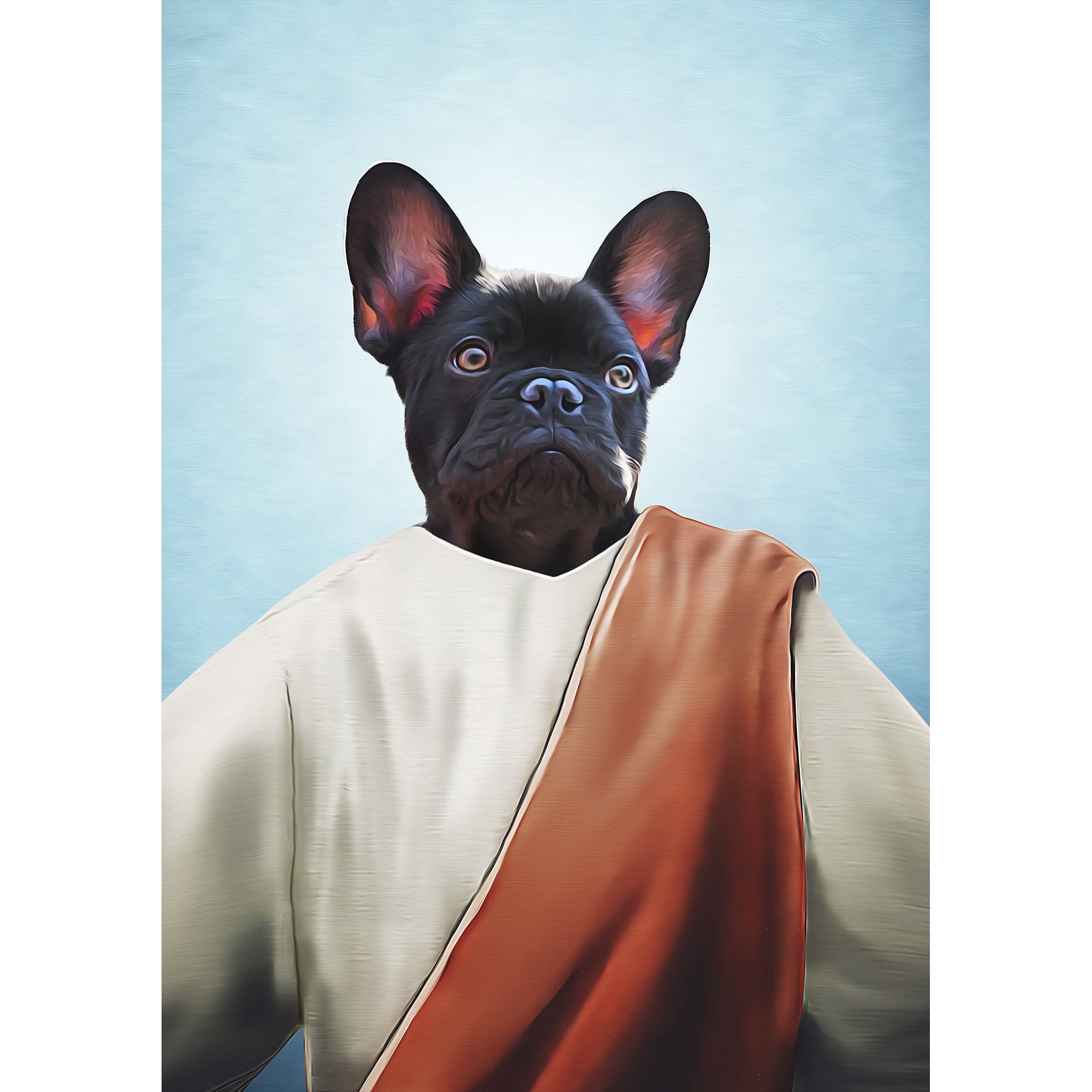 Custom digital portrait of a black French Bulldog as "The Prophet" in a white and red robe.