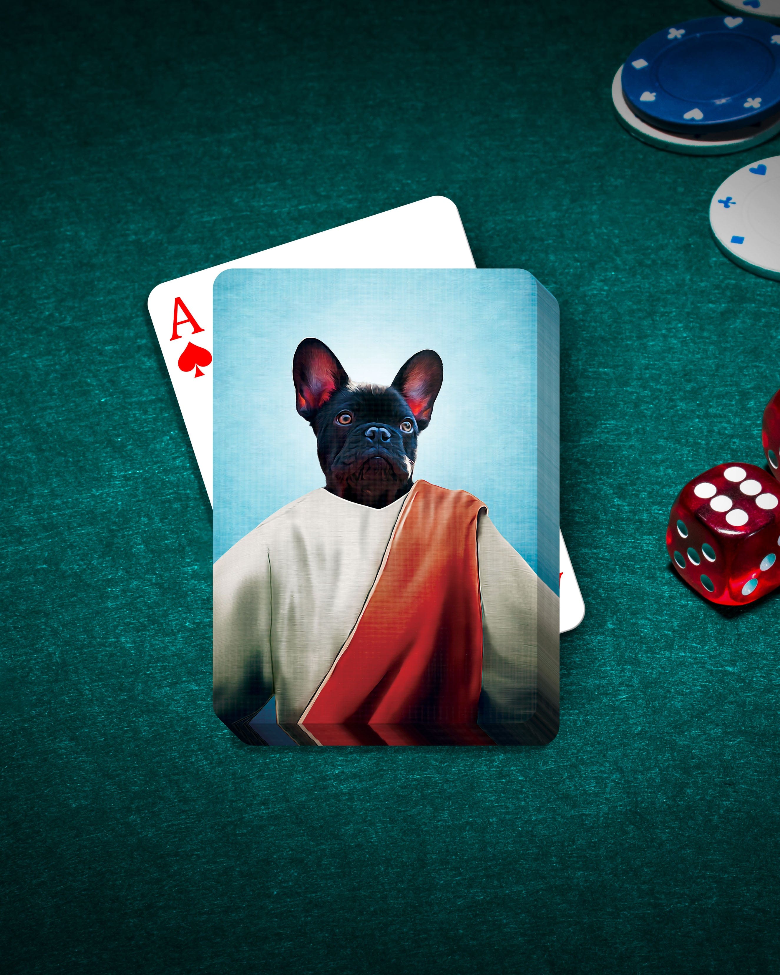 Custom 'The Prophet' playing cards featuring a personalized French Bulldog pet portrait on a green poker table.