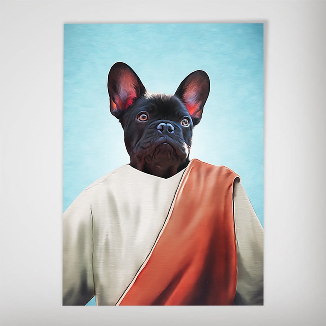 Personalized "The Prophet" pet poster featuring a black French Bulldog in a white robe with a red sash against a blue background.