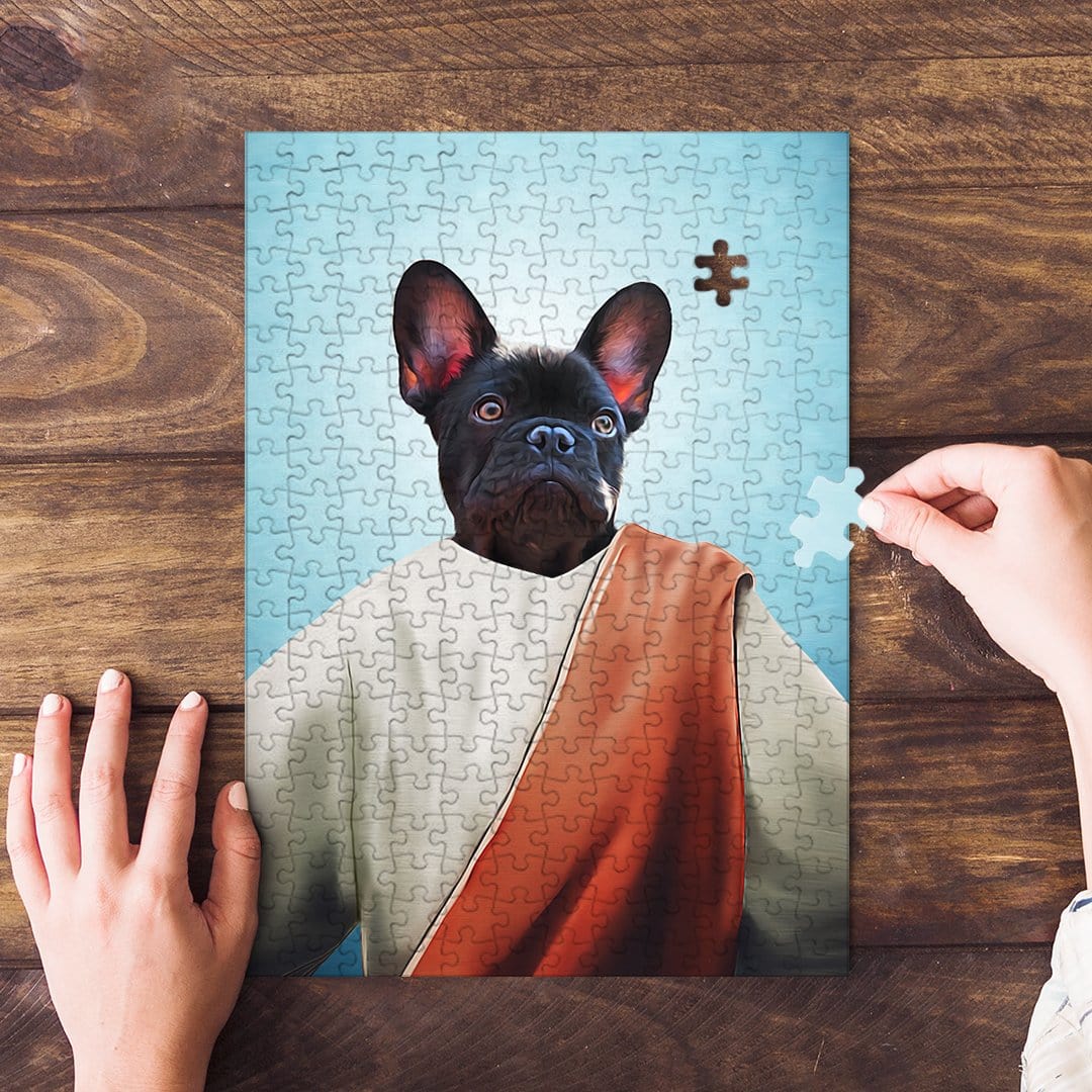 Personalized 'The Prophet' pet puzzle featuring a black French Bulldog in a renaissance-style portrait.