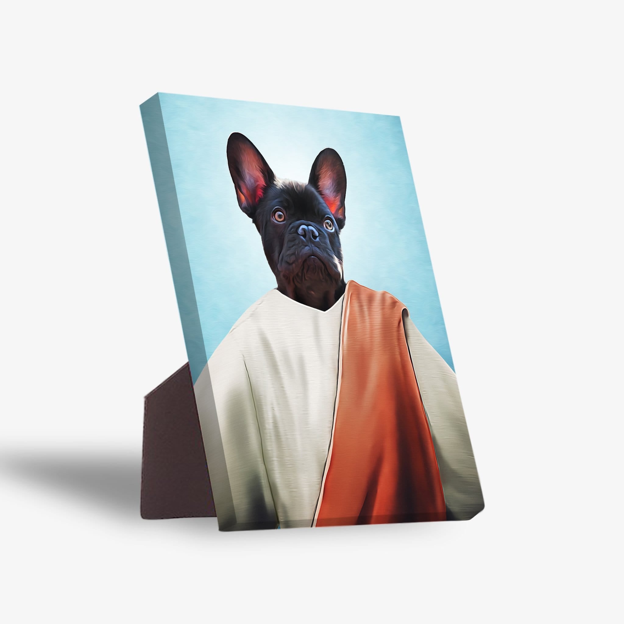 Personalized pet standing canvas featuring a French Bulldog in a white robe with an orange sash, against a blue sky.