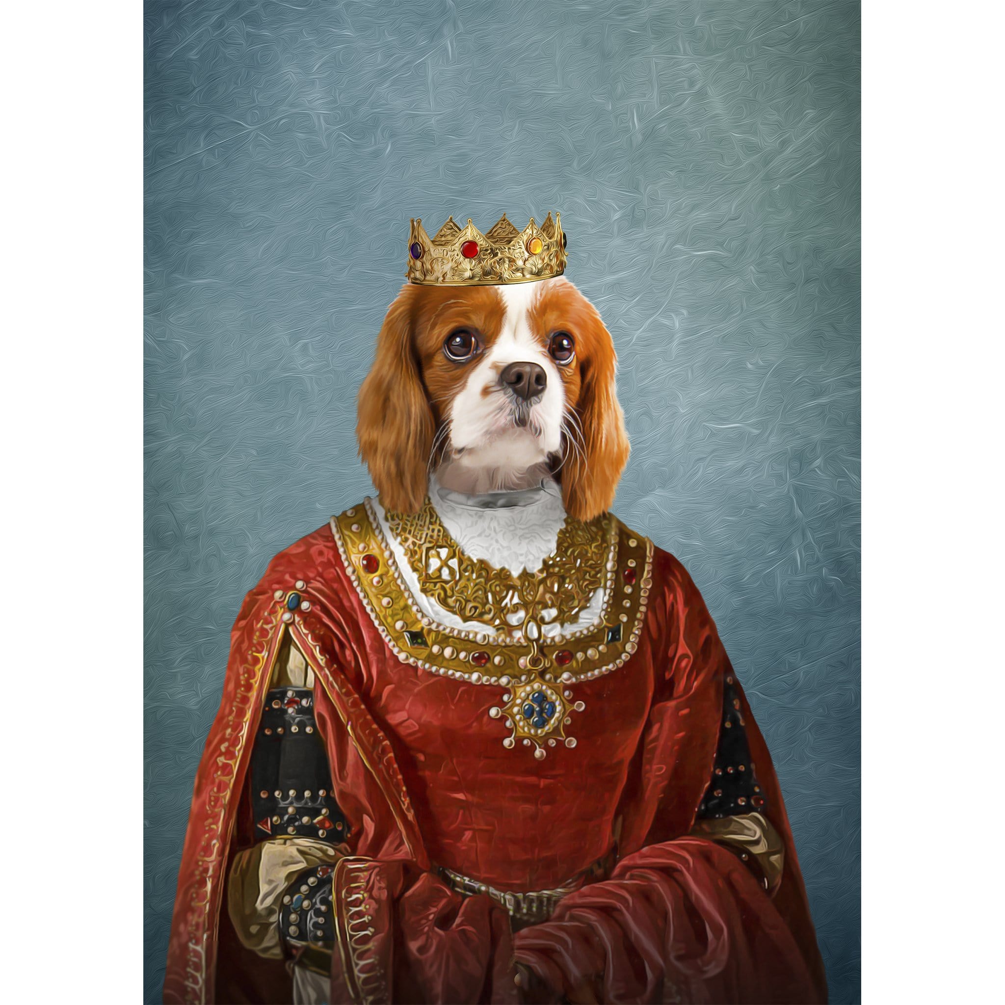 Custom digital portrait of a Cavalier King Charles Spaniel dog as a queen in a red renaissance gown.