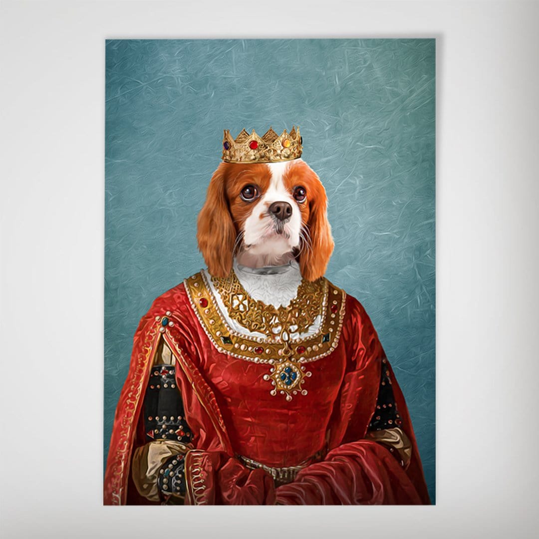 Personalized "The Queen" dog poster featuring a Cavalier King Charles Spaniel in a red royal gown and gold crown.