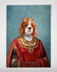Personalized "The Queen" dog poster featuring a Cavalier King Charles Spaniel in a red royal gown and gold crown.