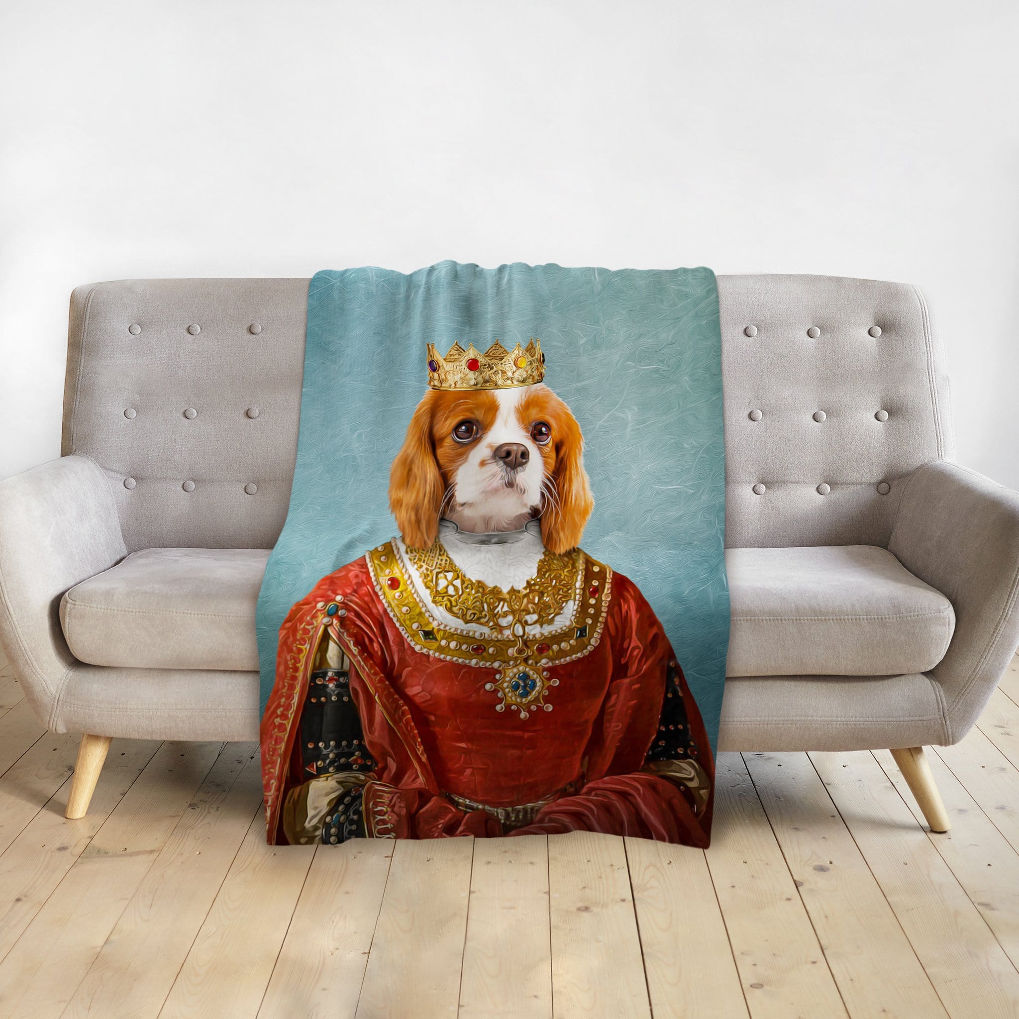 Personalized pet blanket with a Cavalier King Charles Spaniel in a royal queen portrait.