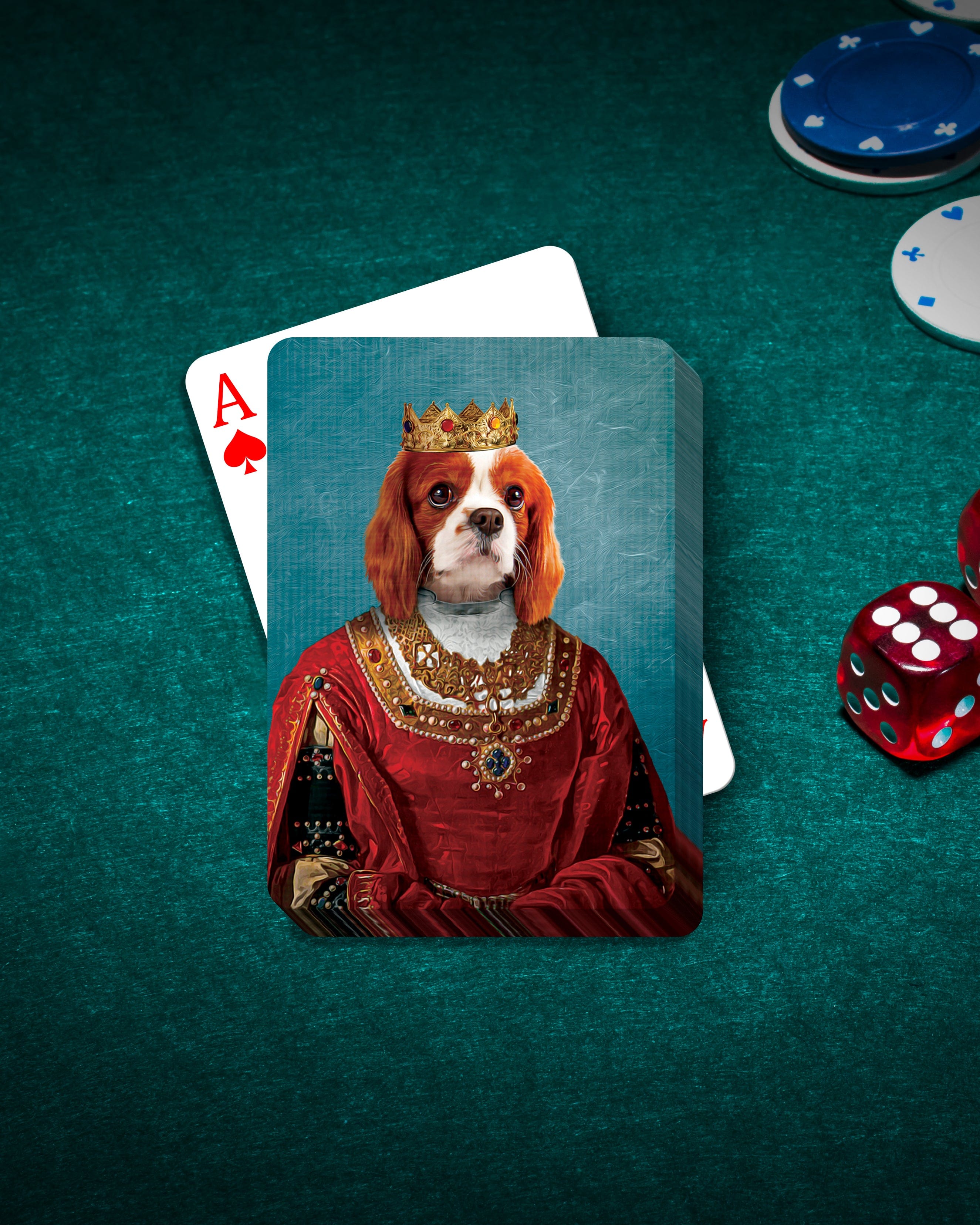 Personalized playing cards featuring a Cavalier King Charles Spaniel in a royal queen portrait.
