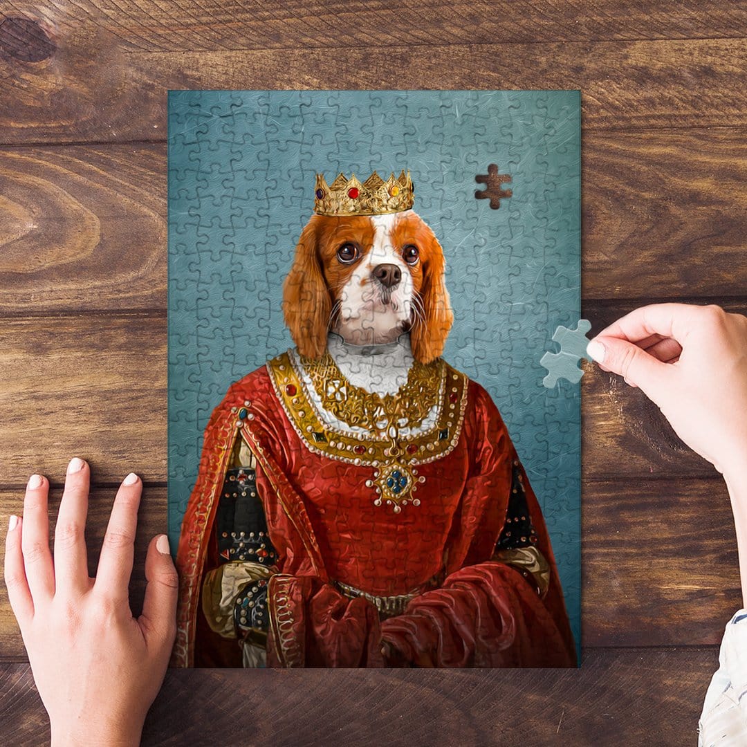 Personalized pet puzzle featuring a Cavalier King Charles Spaniel in a royal queen portrait.