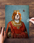 Personalized pet puzzle featuring a Cavalier King Charles Spaniel in a royal queen portrait.