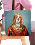 Personalized 'The Queen' tote bag with a custom royal portrait of a Cavalier King Charles Spaniel dog.