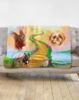 Personalized 2-pet memorial blanket with a Rainbow Bridge design and custom dog portraits.